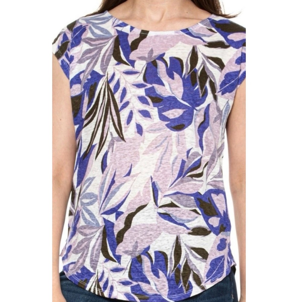 C&C California 100% Linen Tropical Blouse L Purple Leaf Print Coastal Resortwear